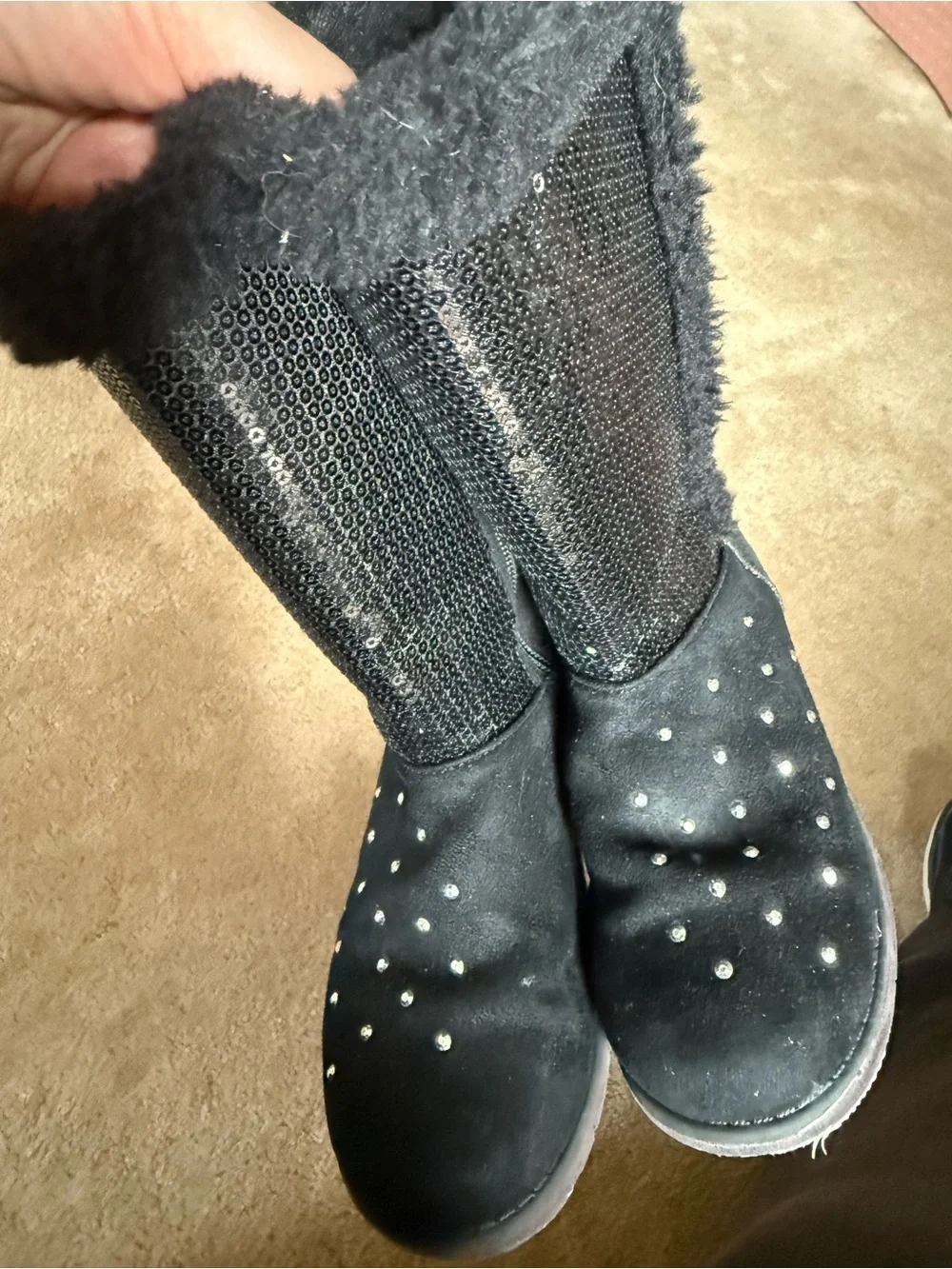Kids Sketcher Black Sparkly Winter Boots with Faux Fur